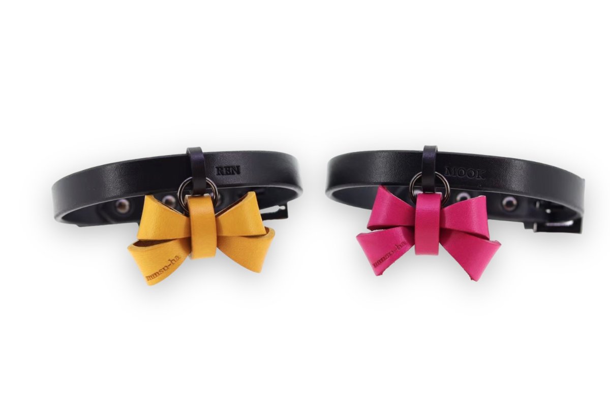 mmsu-ha エムエムスーハ FURICO RIBBON COLLAR首輪色:ブラック リボン:マスタード、ピンク ツリカン:ブラック サルカン:ブラック 刻印:あり
