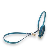 mmsu-ha  犬用　レザー首輪　レザーリード　首輪色：ターコイズ　サルカン色：ブルー　金具色：　リード色：ターコイズ　リード形：2STAY　リード金具：ゴールド　リード被せ色：ブルー